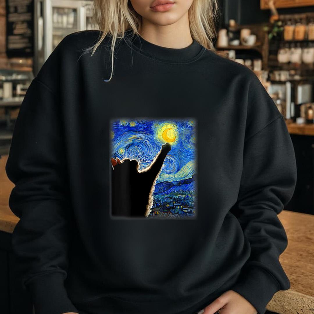 Womens Starry Night Cat, Van Gogh Cat, Cat Lover, Cat Mom, Cat Dad V-Neck