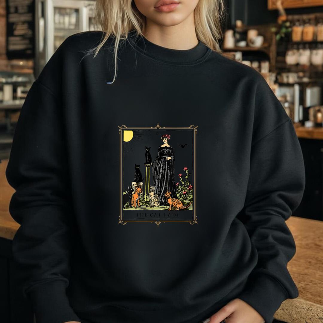 Womens The Cat Lady Tarot Card, Vintage Gothic Cat Women Cat Mom V-Neck