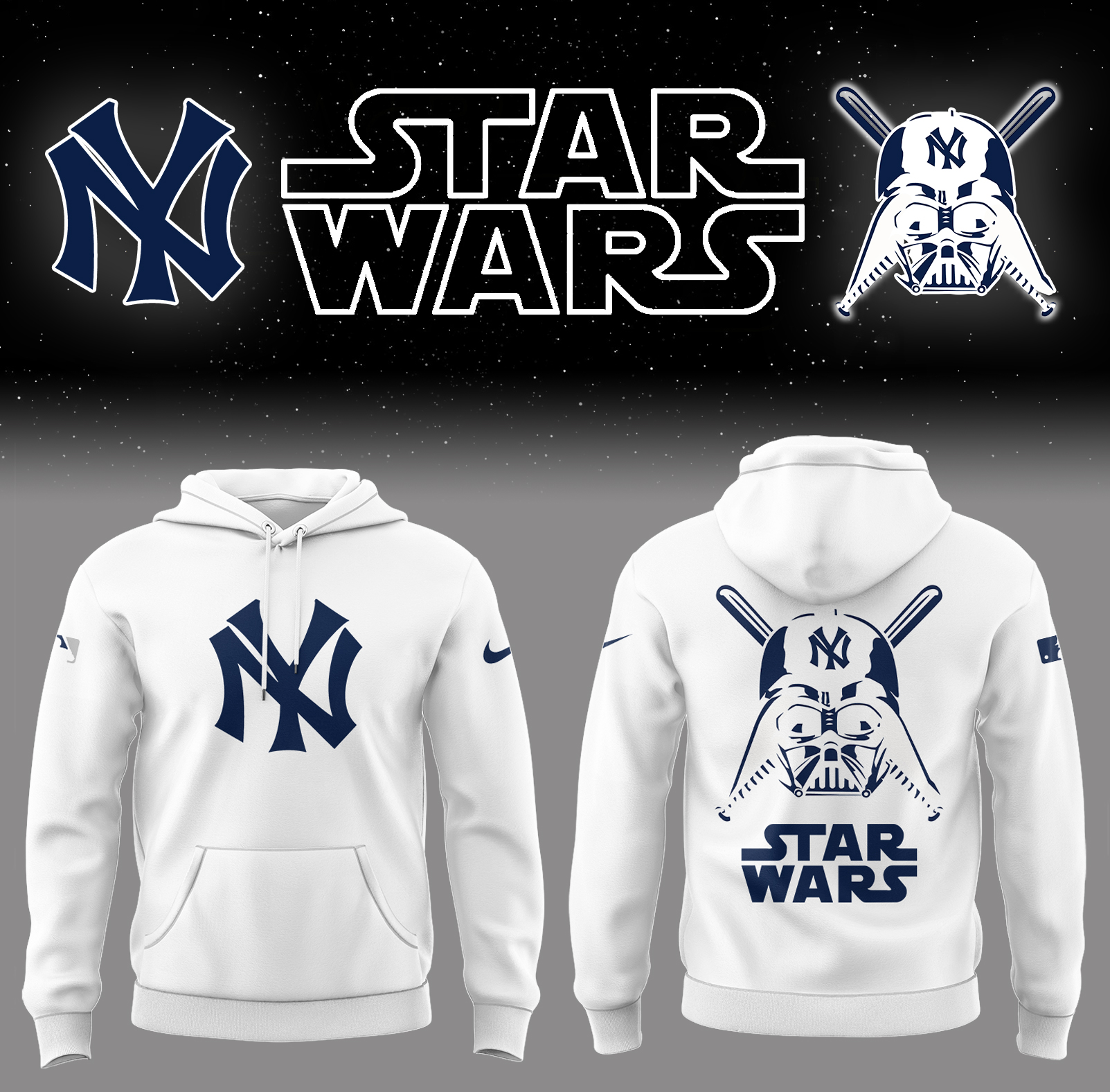 Yankees Baseball 2025 Yankees x Star Wars White Hoodie Baseball FatherÃ¢â‚¬â„¢s Day Gifts